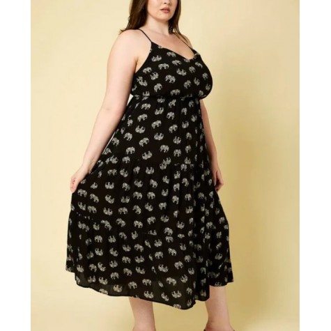 GILLI  Plus Size Sleeveless Tiered Elephant Print Midi Dress SKU# XAD2156-4-black-white-animal-6
